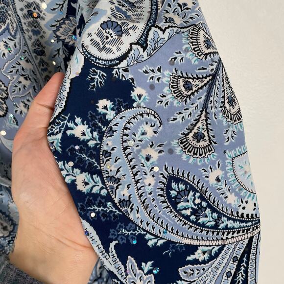 y2k Brittany Black Bedazzled Paisley Wrap Top Size L Blue Hippie Retro Stretchy - Picture 6 of 12